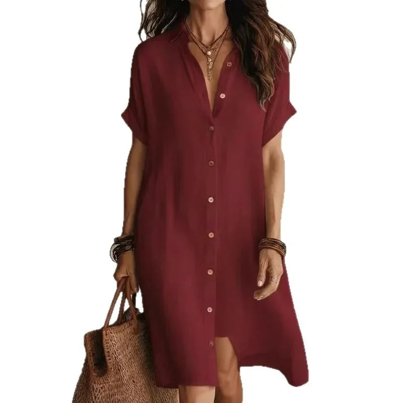 Burgundy Women's Button-Down Shirt Dress — Celeste Linen Roll-Sleeve Midi - Front Lifestyle