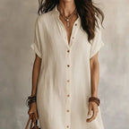 Off-White White Women's Button-Down Shirt Dress — Celeste Linen Roll-Sleeve Midi - Close Up Bodice