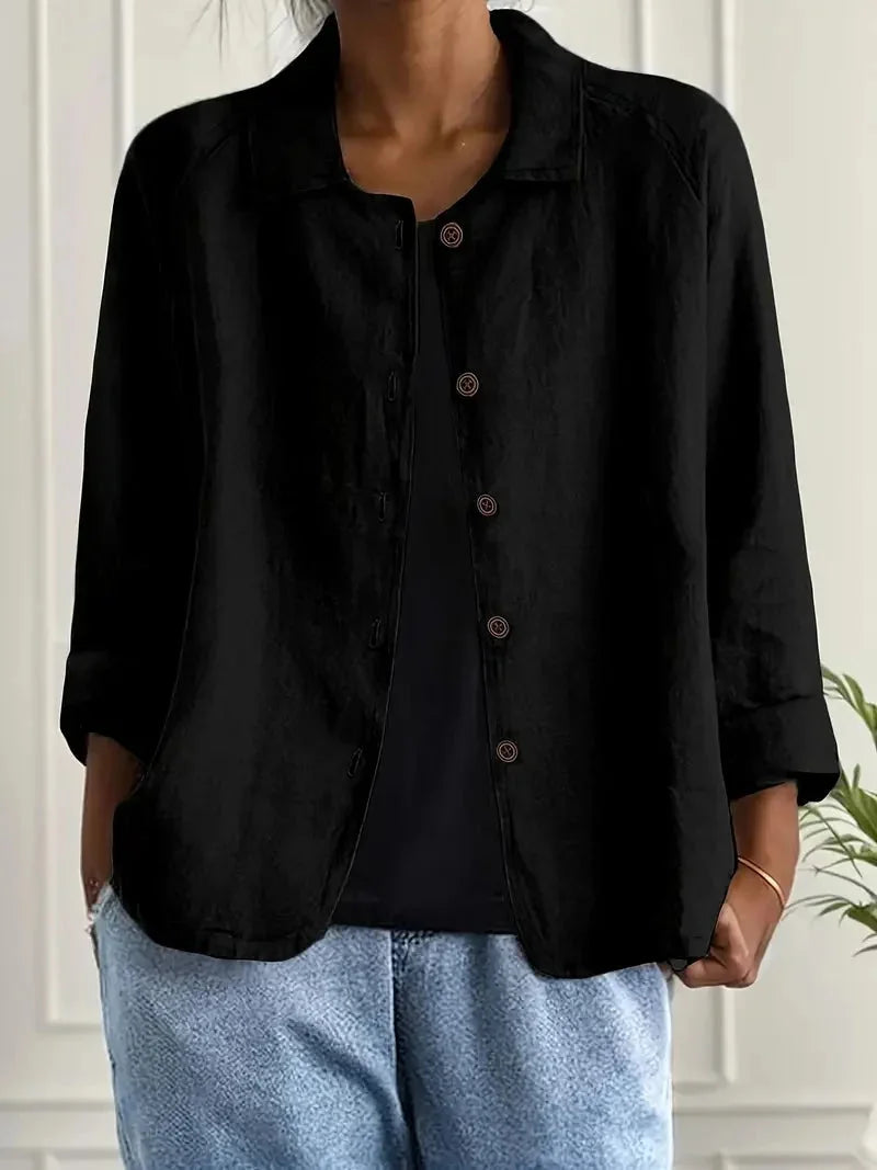 Black Women's Casual Button Front Linen Jacket with Long Sleeves