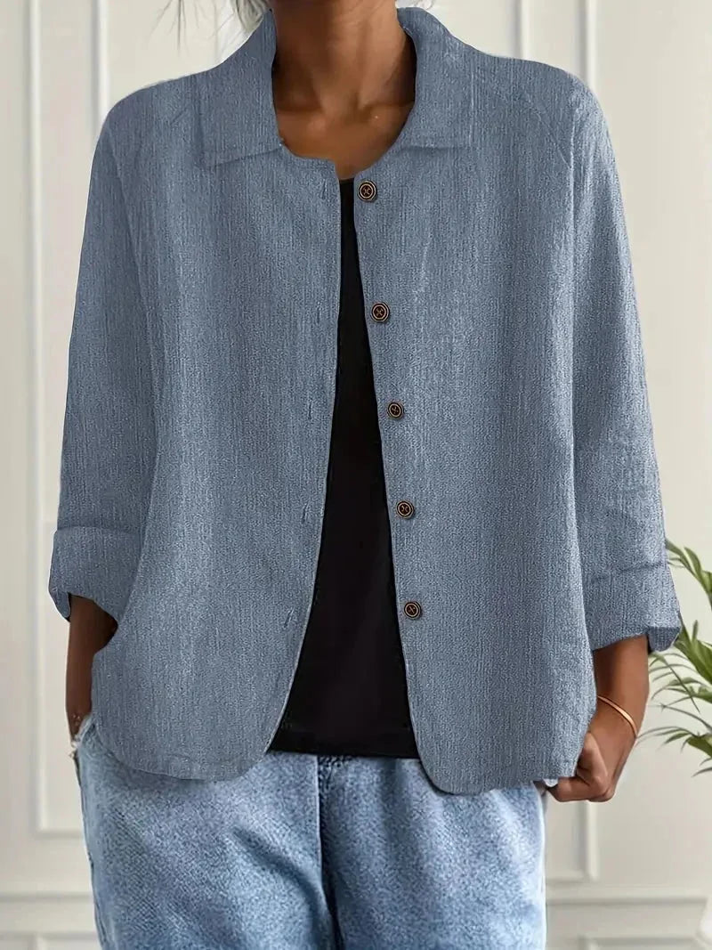 Blue Women's Casual Button Front Linen Jacket with Long Sleeves