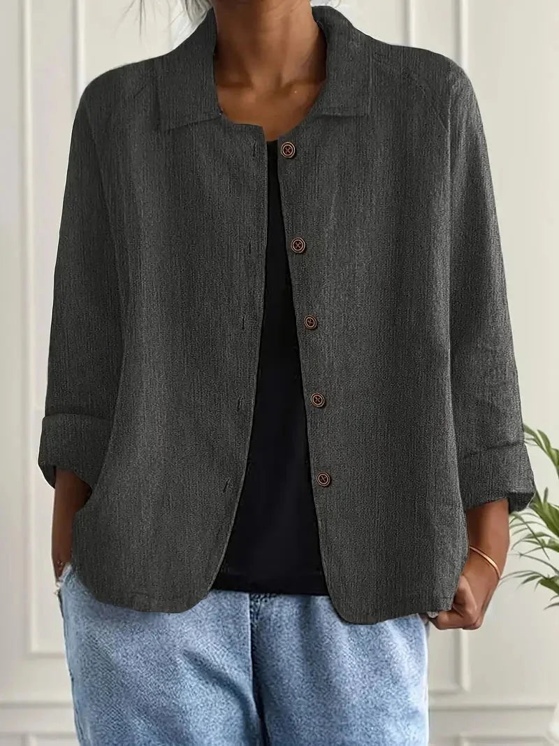Dark Gray Women's Casual Button Front Linen Jacket with Long Sleeves
