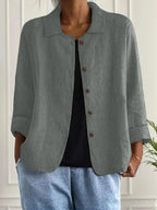 Gray Women's Casual Button Front Linen Jacket with Long Sleeves