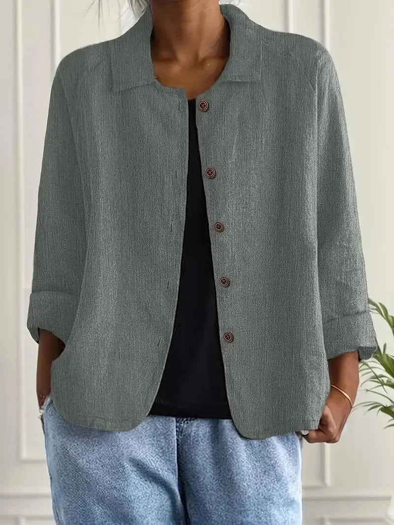Gray Women's Casual Button Front Linen Jacket with Long Sleeves