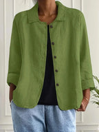 Green Women's Casual Button Front Linen Jacket with Long Sleeves