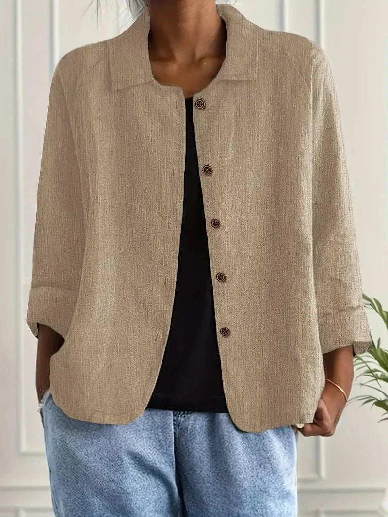 Khaki Women's Casual Button Front Linen Jacket with Long Sleeves