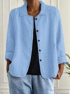 Light Blue Women's Casual Button Front Linen Jacket with Long Sleeves