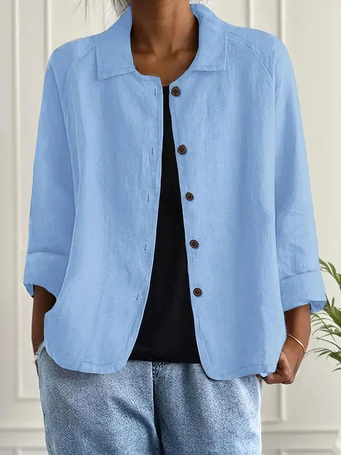 Light Blue Women's Casual Button Front Linen Jacket with Long Sleeves