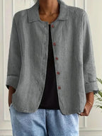 Light Gray Women's Casual Button Front Linen Jacket with Long Sleeves