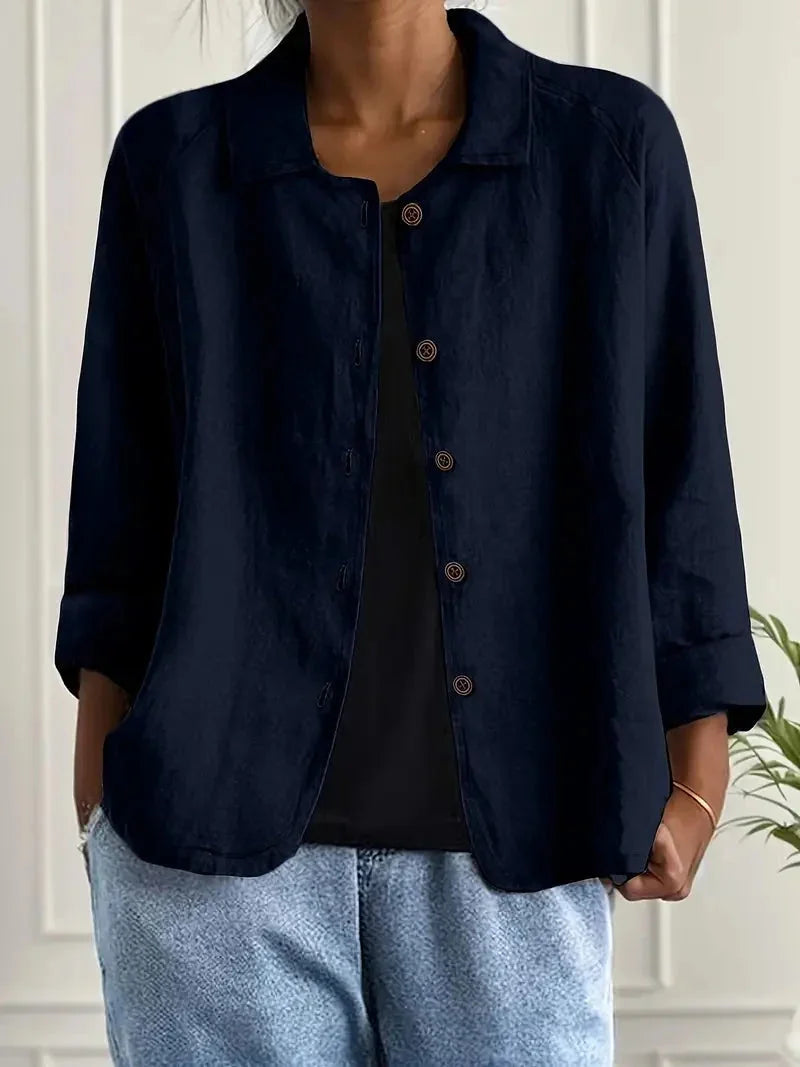 Navy Blue Women's Casual Button Front Linen Jacket with Long Sleeves — Lina