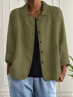 Olive Women's Casual Button Front Linen Jacket with Long Sleeves
