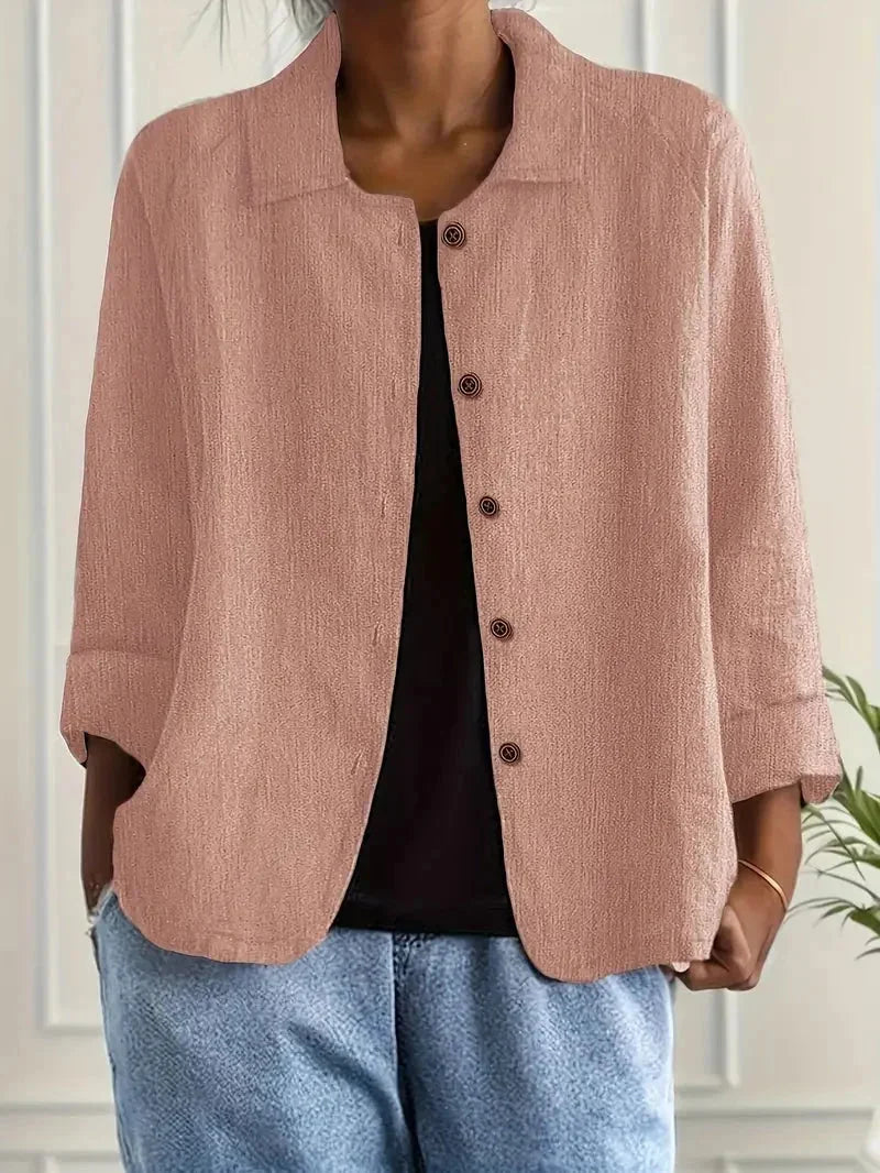 Pink Women's Casual Button Front Linen Jacket with Long Sleeves