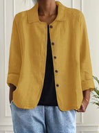 Yellow Women's Casual Button Front Linen Jacket with Long Sleeves