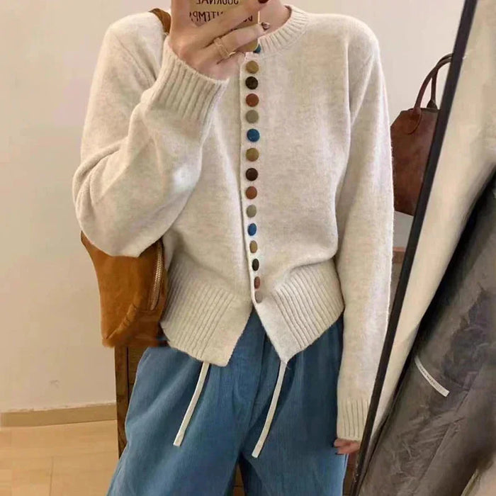 Beige Women's Rainbow Button Knit Cardigan — Allie Ribbed-Knit Crew Neck Relaxed - Front Crop Phone Selfie