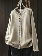Beige Women's Colorful Knit Cardigan — Nola Button-Front Crew Neck Oversized - Front Hanging