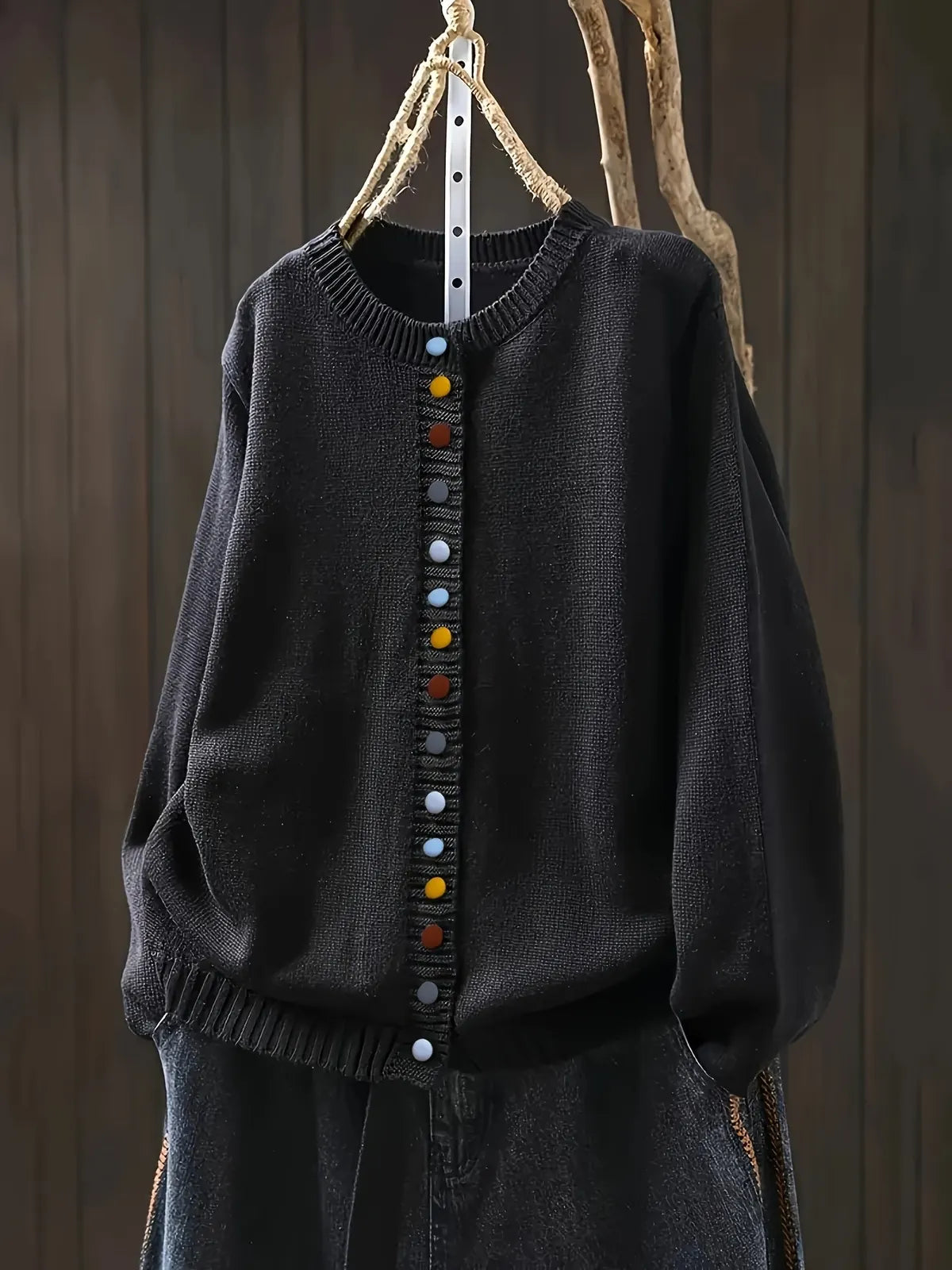 Black Women's Colorful Knit Cardigan — Nola Button-Front Crew Neck Oversized - Front Buttons Detail