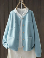 Blue Women's Oversized Pocketed Cardigan — Saoirse Ribbed Knit Button-Front Relaxed - Front Detail