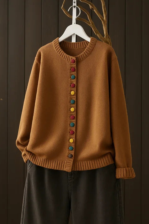 Brown Women's Colorful Knit Cardigan — Nola Button-Front Crew Neck Oversized - Front Model Pose
