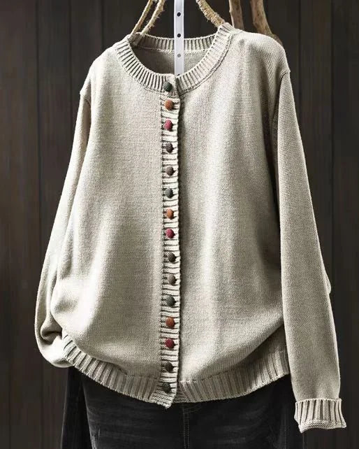 Cream Women's Colorful Knit Cardigan — Nola Button-Front Crew Neck Oversized - Front Cropped