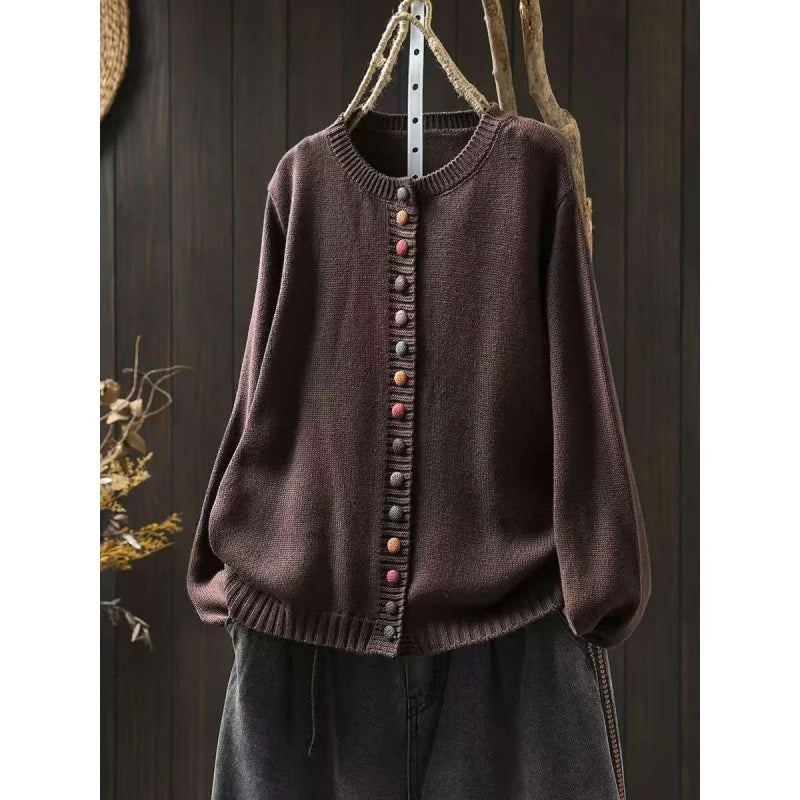 Dark Brown Women's Colorful Knit Cardigan — Nola Button-Front Crew Neck Oversized - Front Studio
