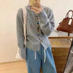 Gray Women's Rainbow Button Knit Cardigan — Allie Ribbed-Knit Crew Neck Relaxed - Front Full Body Mirror
