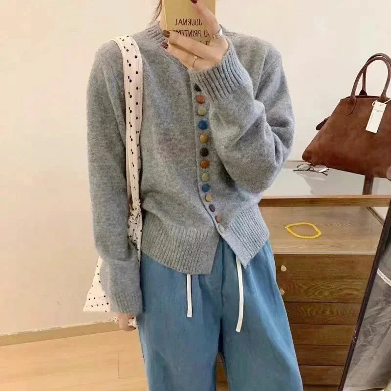 Gray Women's Rainbow Button Knit Cardigan — Allie Ribbed-Knit Crew Neck Relaxed - Front Full Body Mirror