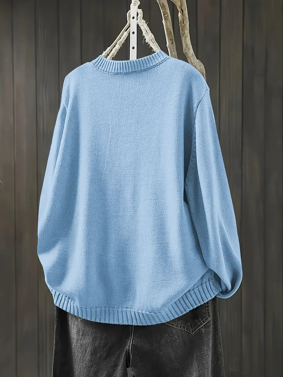 Light Blue Women's Colorful Knit Cardigan — Nola Button-Front Crew Neck Oversized - Back Closeup