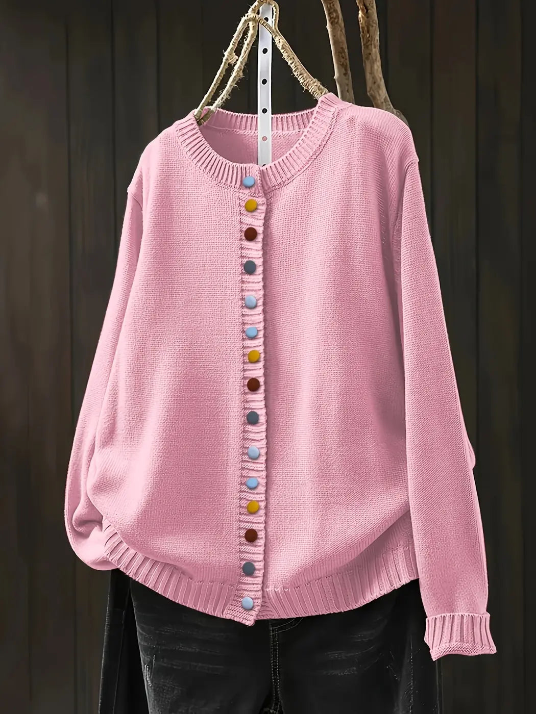 Light Pink Women's Colorful Knit Cardigan — Nola Button-Front Crew Neck Oversized - Front Full