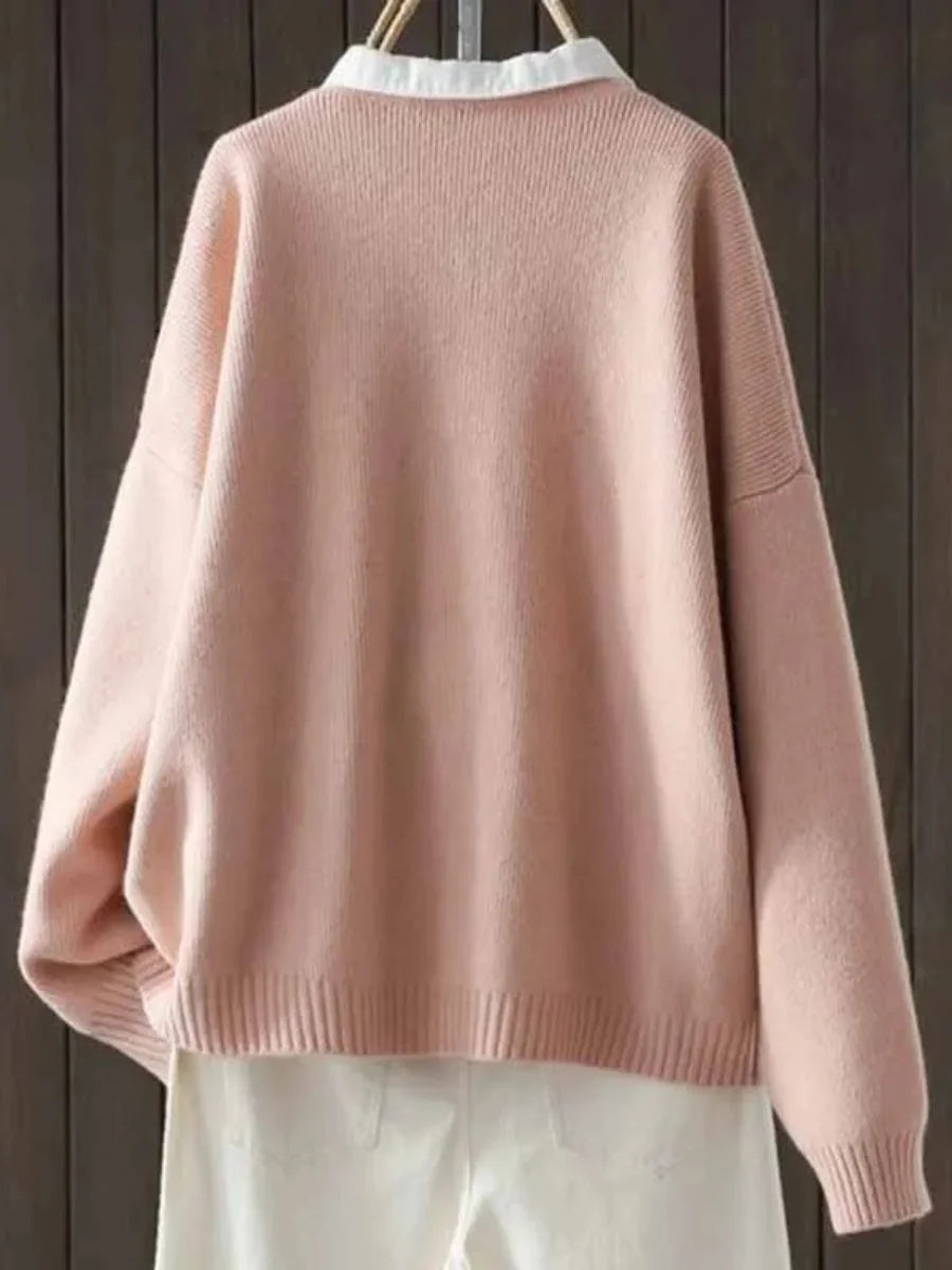 Pink Women's Oversized Pocketed Cardigan — Saoirse Ribbed Knit Button-Front Relaxed - Back Detail