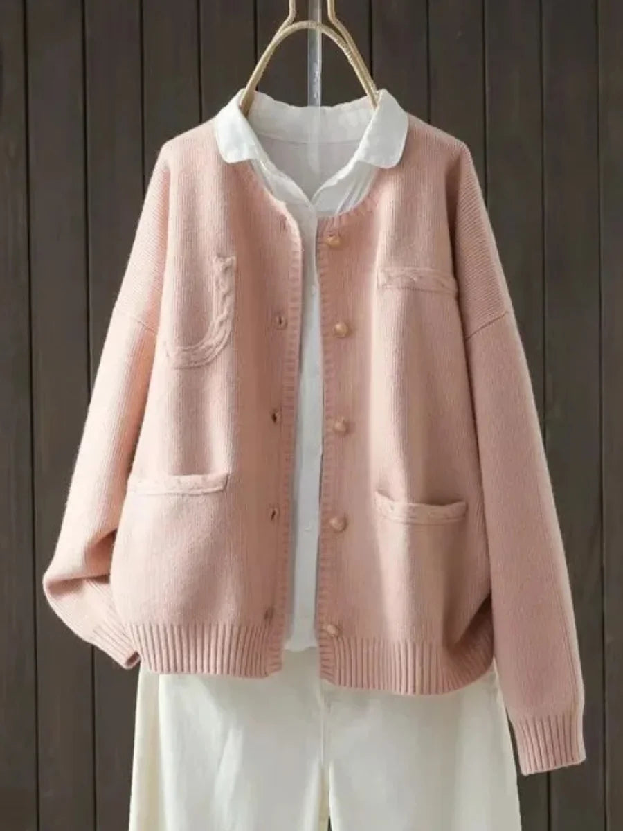 Pink Women's Oversized Pocketed Cardigan — Saoirse Ribbed Knit Button-Front Relaxed - Front View