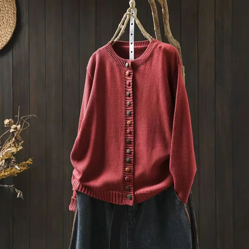 Red Women's Colorful Knit Cardigan — Nola Button-Front Crew Neck Oversized - Front Lifestyle