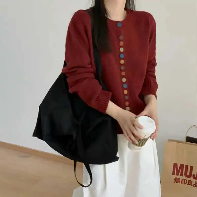 Red Women's Rainbow Button Knit Cardigan — Allie Ribbed-Knit Crew Neck Relaxed - Front Standing Coffee