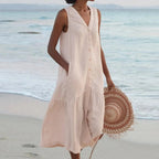 Beige Women's Lightweight Summer Midi Dress with Button Front & Relaxed Fit