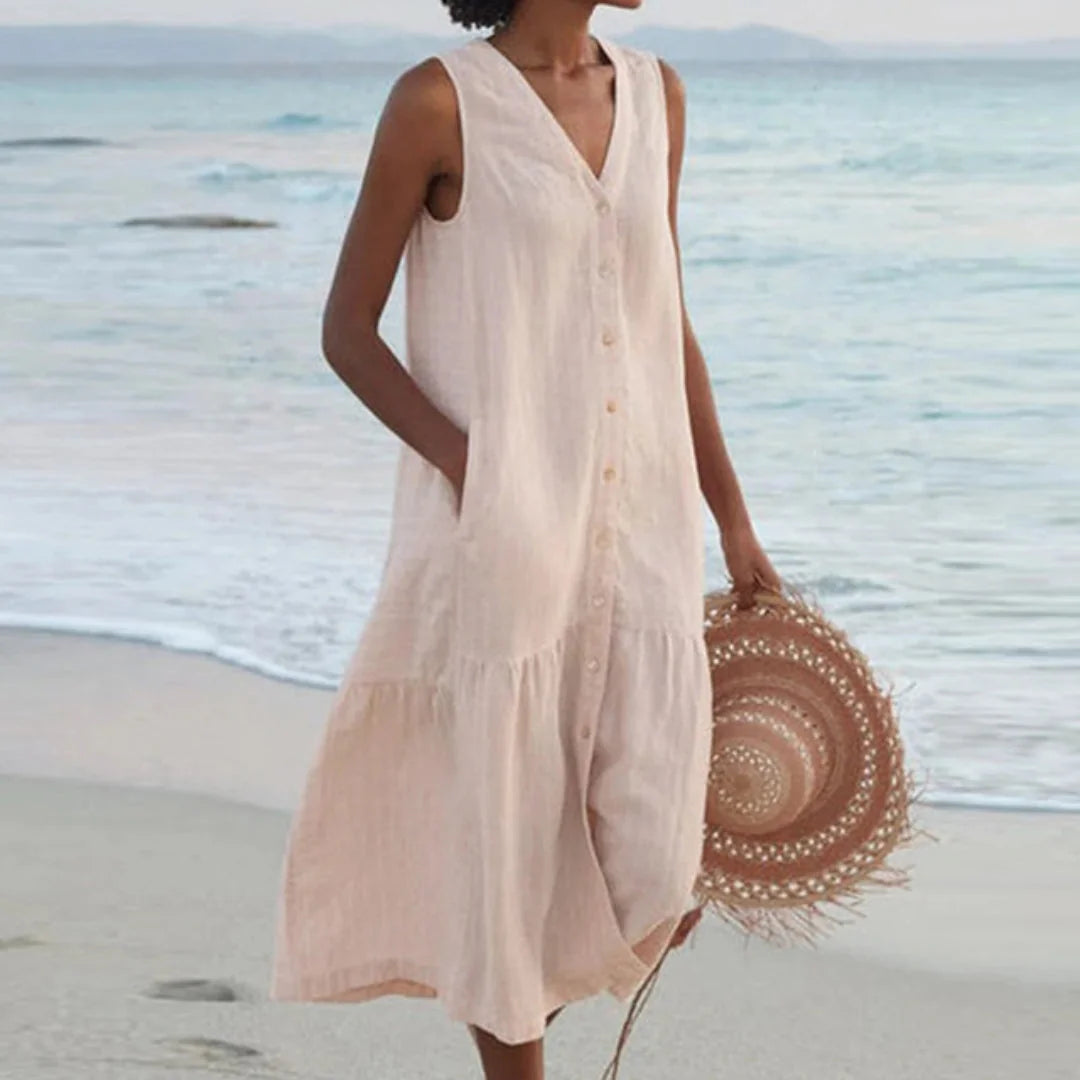 Beige Women's Lightweight Summer Midi Dress with Button Front & Relaxed Fit