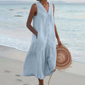 Blue Women's Lightweight Summer Midi Dress with Button Front & Relaxed Fit