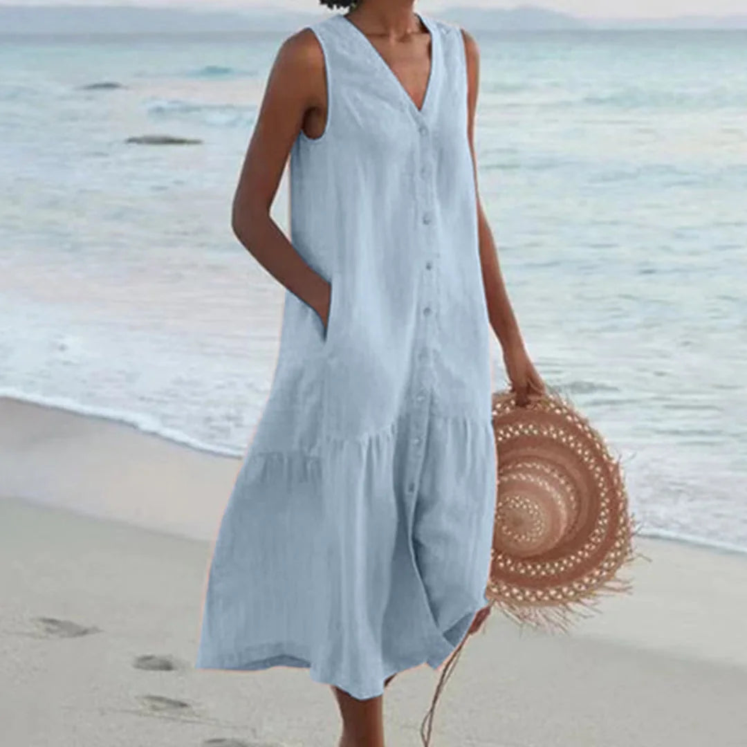 Blue Women's Lightweight Summer Midi Dress with Button Front & Relaxed Fit