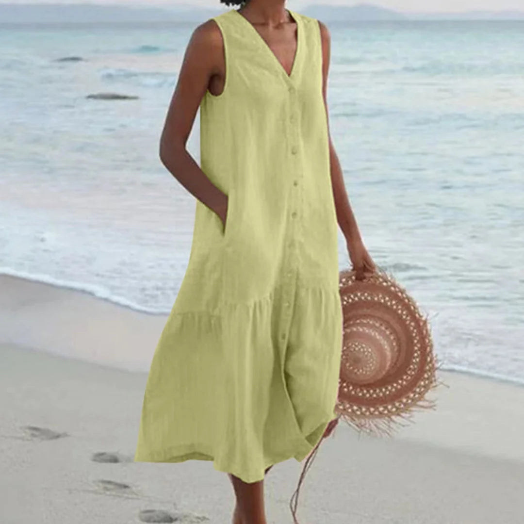 Green Women's Lightweight Summer Midi Dress with Button Front & Relaxed Fit