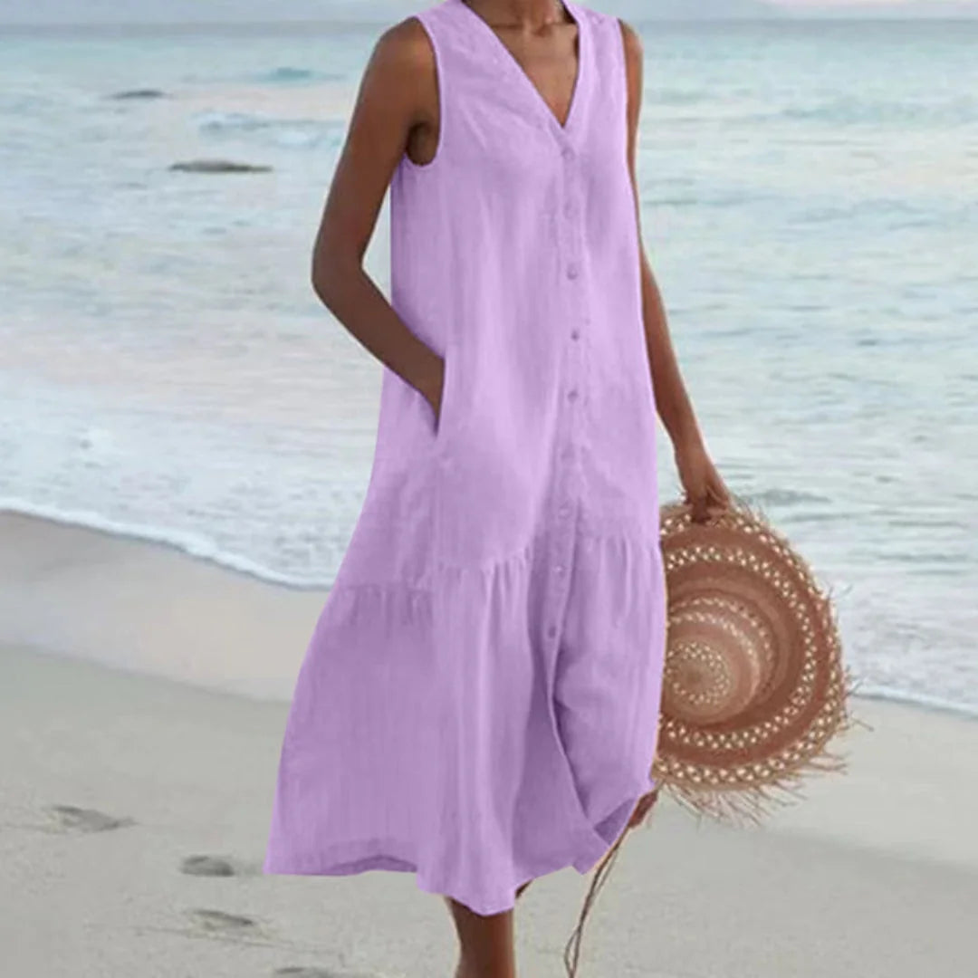 Lilac Women's Lightweight Summer Midi Dress with Button Front & Relaxed Fit - Front Pose