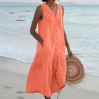 Orange Women's Lightweight Summer Midi Dress with Button Front & Relaxed Fit