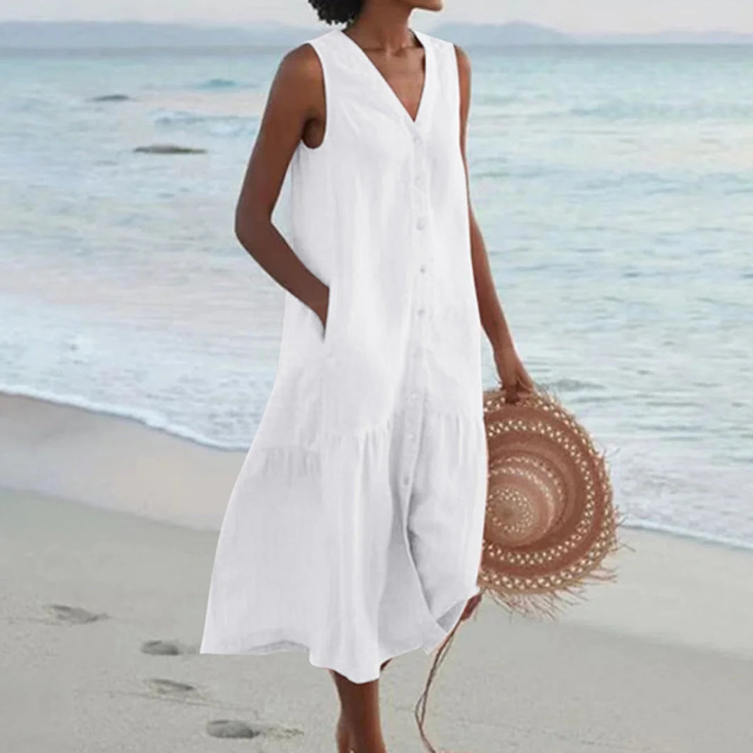 White Women's Lightweight Summer Midi Dress with Button Front & Relaxed Fit - Outdoor Pose
