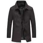 Black Men's Button-Front Trench Coat with Classic Collar & Front Pockets