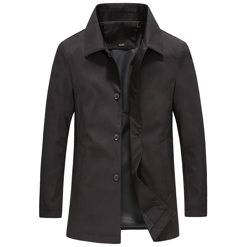Black Men's Button-Front Trench Coat with Classic Collar & Front Pockets
