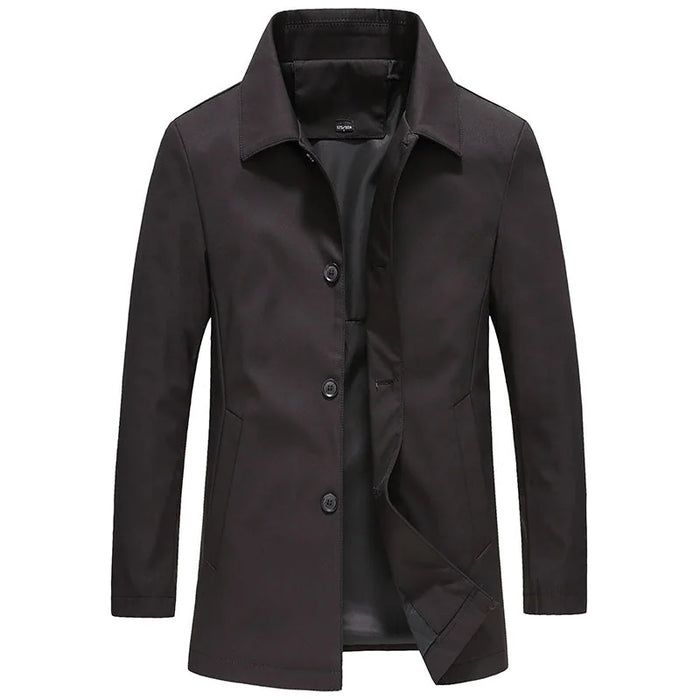 Black Men's Button-Front Trench Coat with Classic Collar & Front Pockets