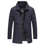 Blue Men's Button-Front Trench Coat with Classic Collar & Front Pockets