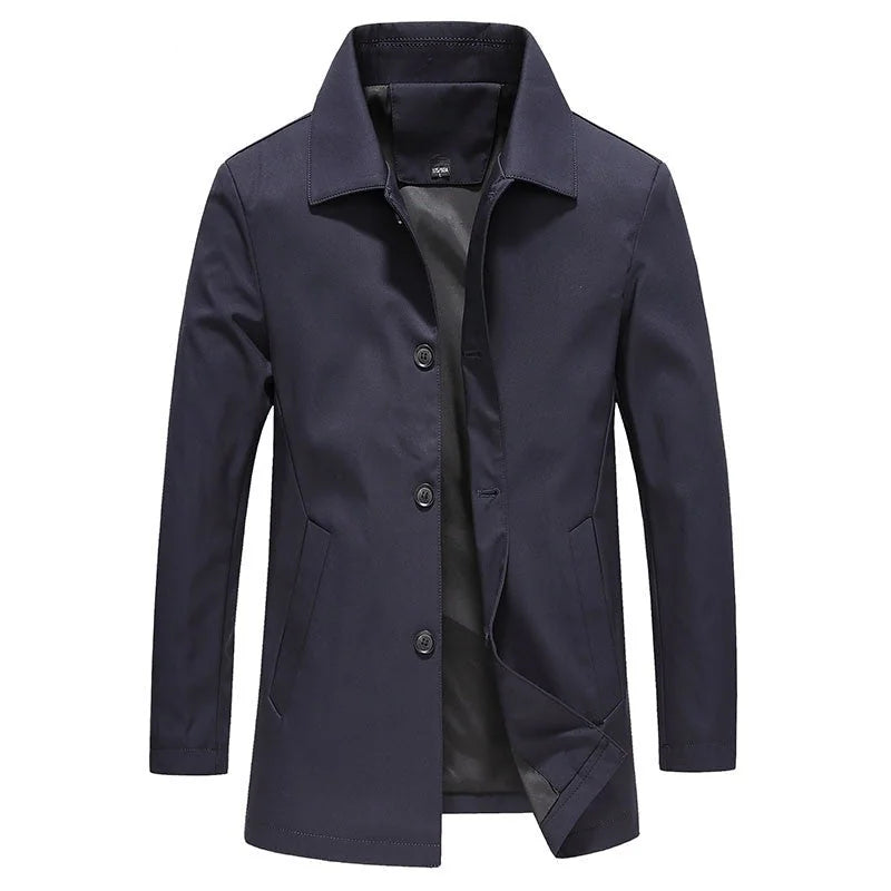 Blue Men's Button-Front Trench Coat with Classic Collar & Front Pockets