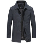 Navy Blue Men's Button-Front Trench Coat with Classic Collar & Front Pockets