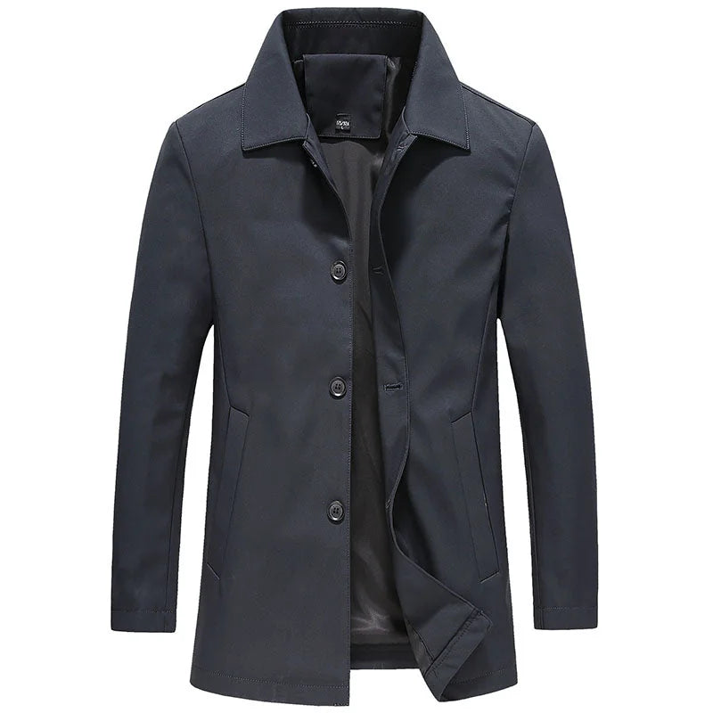 Navy Blue Men's Button-Front Trench Coat with Classic Collar & Front Pockets