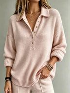 Pink Women's Button-Front Collared Polo Sweater with Ribbed Cuffs