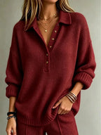 Red Women's Button-Front Collared Polo Sweater with Ribbed Cuffs