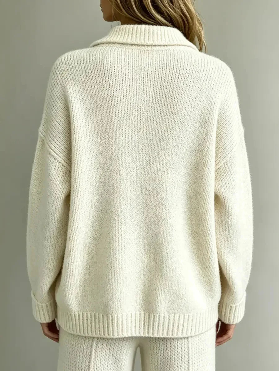 Women's Button-Front Collared Polo Sweater with Ribbed Cuffs - Back Detail