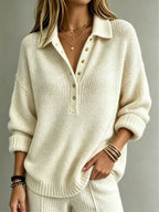 White Women's Button-Front Collared Polo Sweater with Ribbed Cuffs